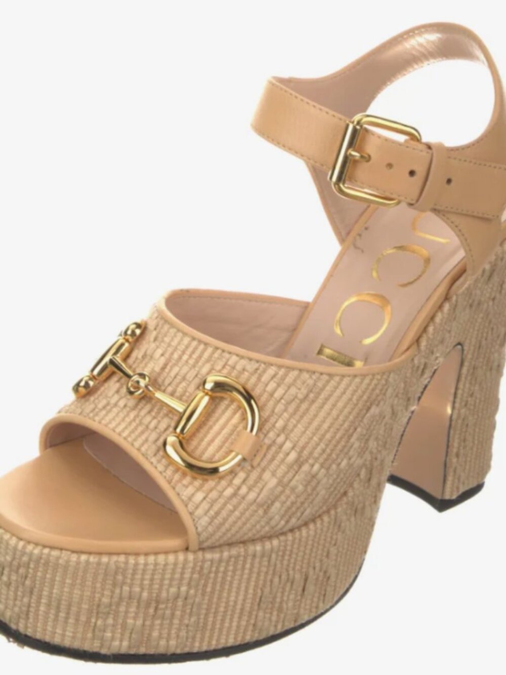 Gucci Horsebit Accent Raffia Platform Sandals